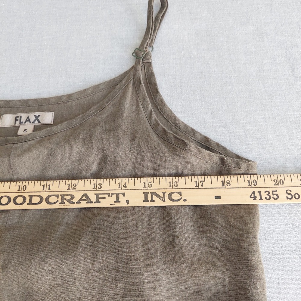 FLAX Linen Dress S Olive Green Sleeveless Pockets Lagenlook Minimalist Midi - Picture 8 of 10